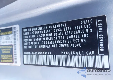 2010 Volkswagen Golf 2-Door z USA, uszkodzony, nr VIN WVWBA7AJ3AW314973